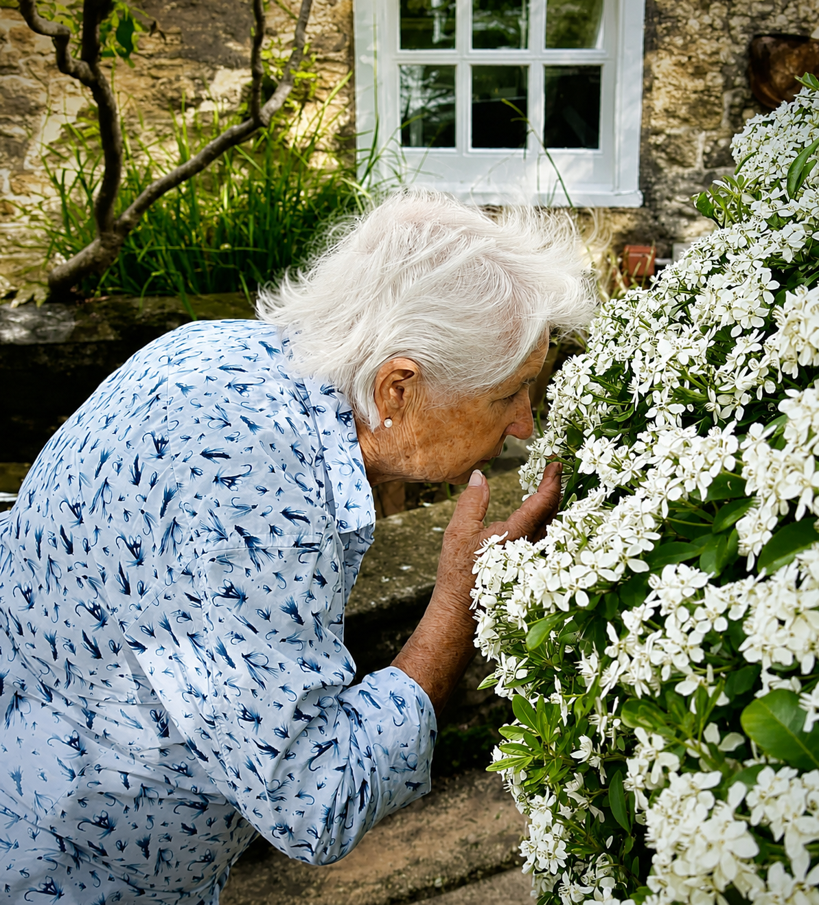 Elderly person enjoying flowers at home — warm, dignified care